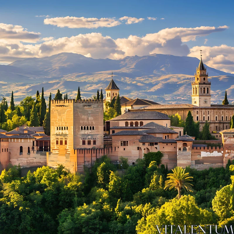 Majestic Historic Castle and Serene Mountain Sunset AI Image