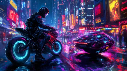 Cyberpunk Motorcyclist in Neon-Lit Futuristic City