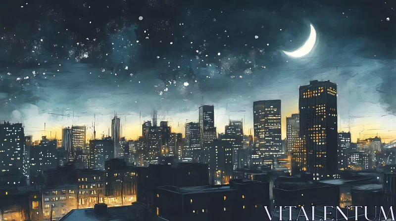 AI ART Moonlit City Nightscape with Illuminated Buildings