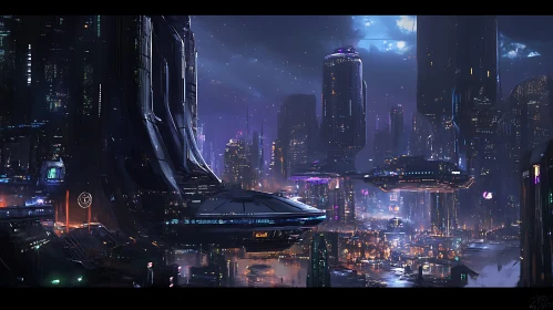 Night View of a Futuristic Metropolis with Skyscrapers