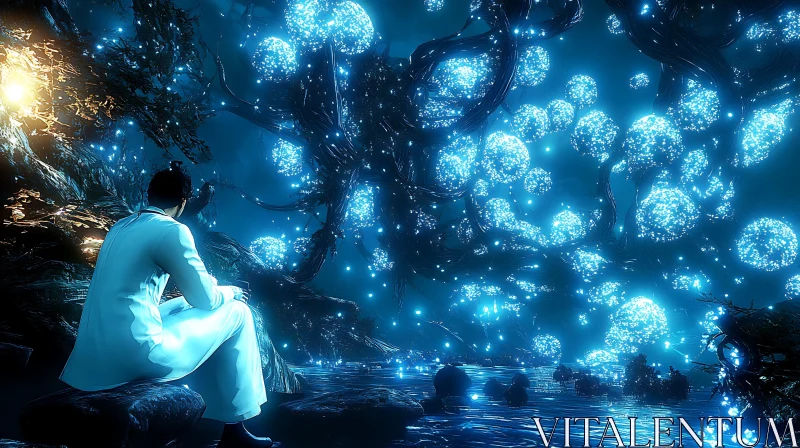 AI ART Mysterious Bioluminescent Forest Scene with Man in White Suit