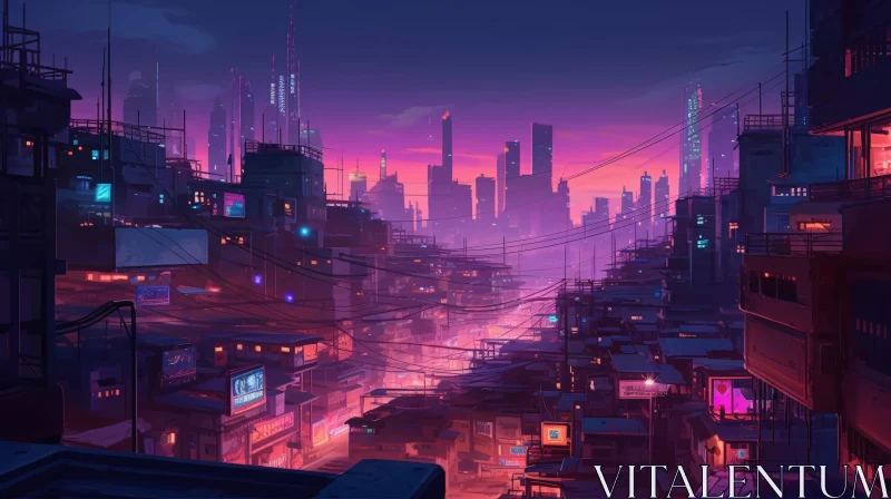 Cyberpunk Nighttime Skyline with Neon Illuminations AI Image