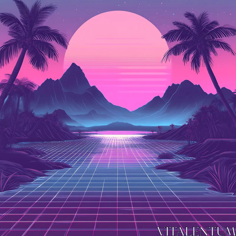 Neon Sunset Over Tropical Landscape with Reflective Grid AI Image