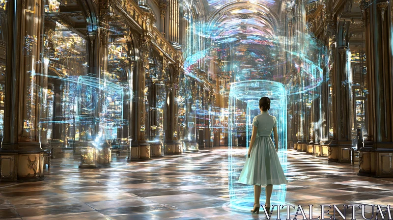 Woman in a Majestic Hall with Futuristic Holograms AI Image