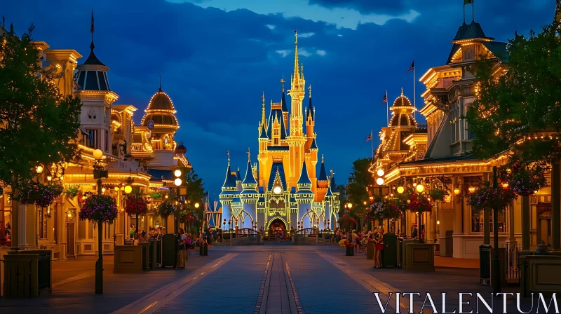 Magical Nighttime Scene of Theme Park Castle AI Image