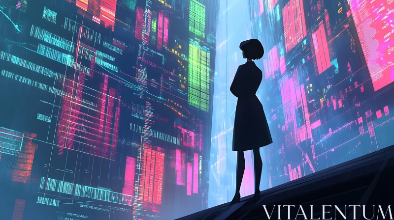 Silhouetted Figure in a Futuristic Digital Environment AI Image