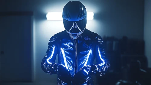 Motorcycle Rider in Shiny Suit with Helmet