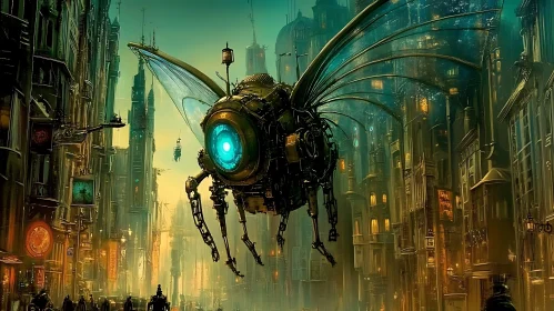 Hovering Robotic Insect in Neon City