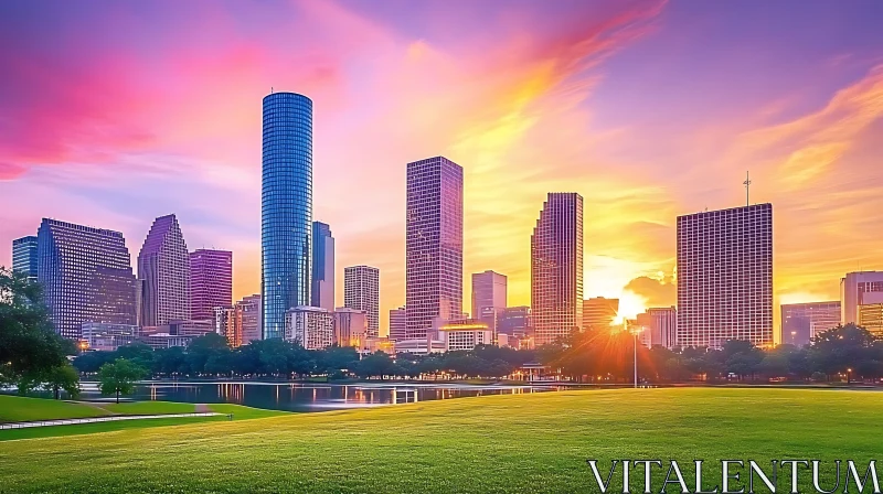 Urban Sunset with Majestic Skyscrapers and Green Park AI Image