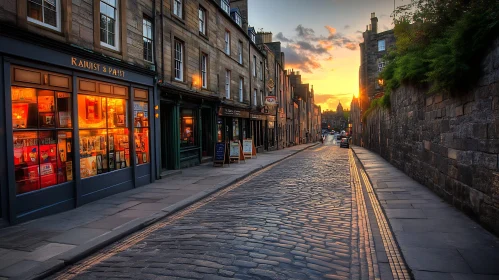 Sunlit Cobblestone Street with Historic Buildings