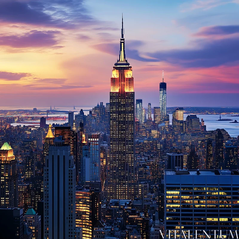 Urban Sunset with Illuminated Skyscrapers AI Image