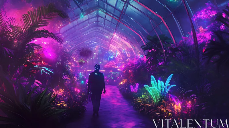 Surreal Neon Illuminated Garden Path AI Image