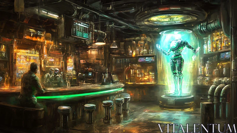 AI ART Cyberpunk Bar with Robot in Glowing Chamber