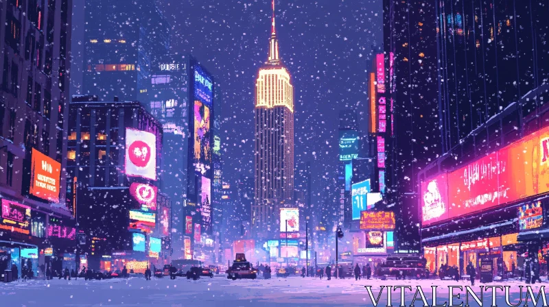 Snowy City at Night with Neon Lights AI Image