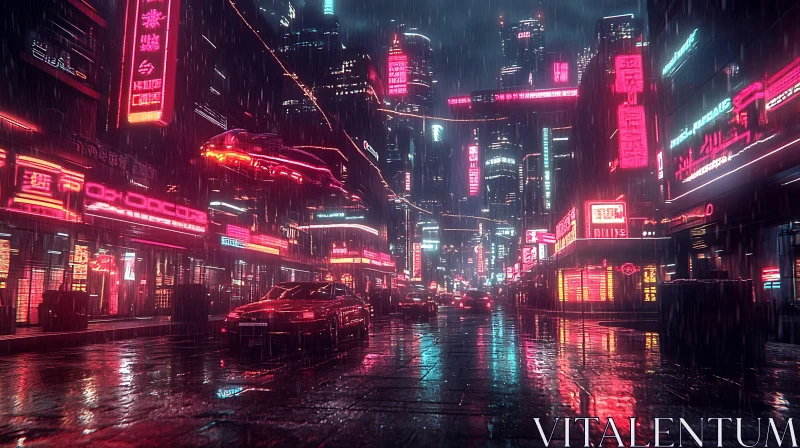 Rainy Night in Neon-Lit Futuristic Cityscape AI Image