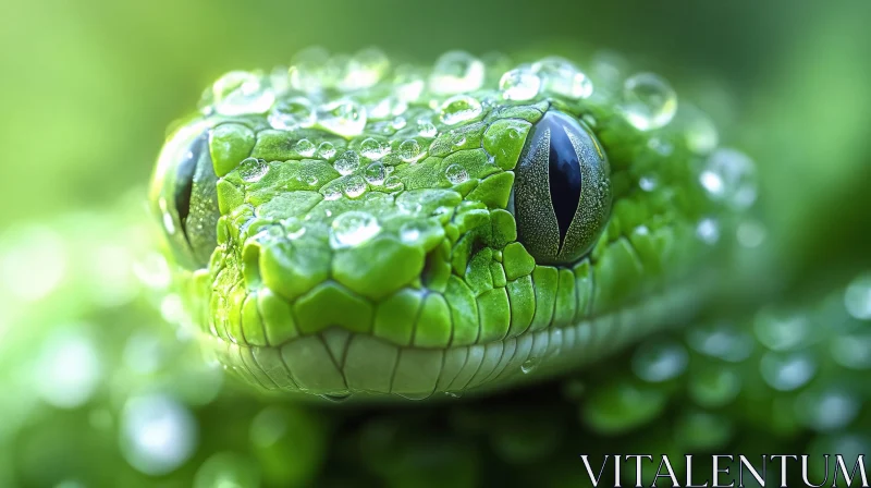 AI ART Close-Up Green Snake with Water Droplets