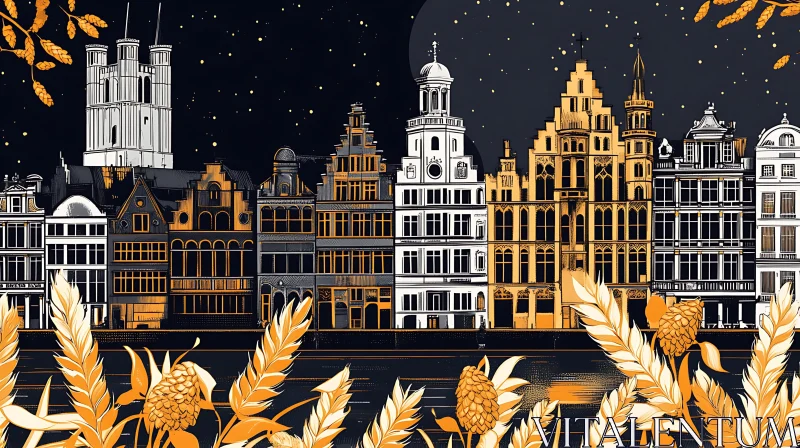 AI ART Nighttime Cityscape with Golden Historical Architecture