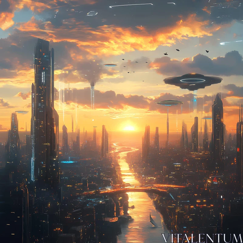 Sunset Over a Futuristic Urban Skyline with River AI Image