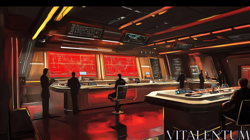 High-Tech Command Center with Red Screens AI Image