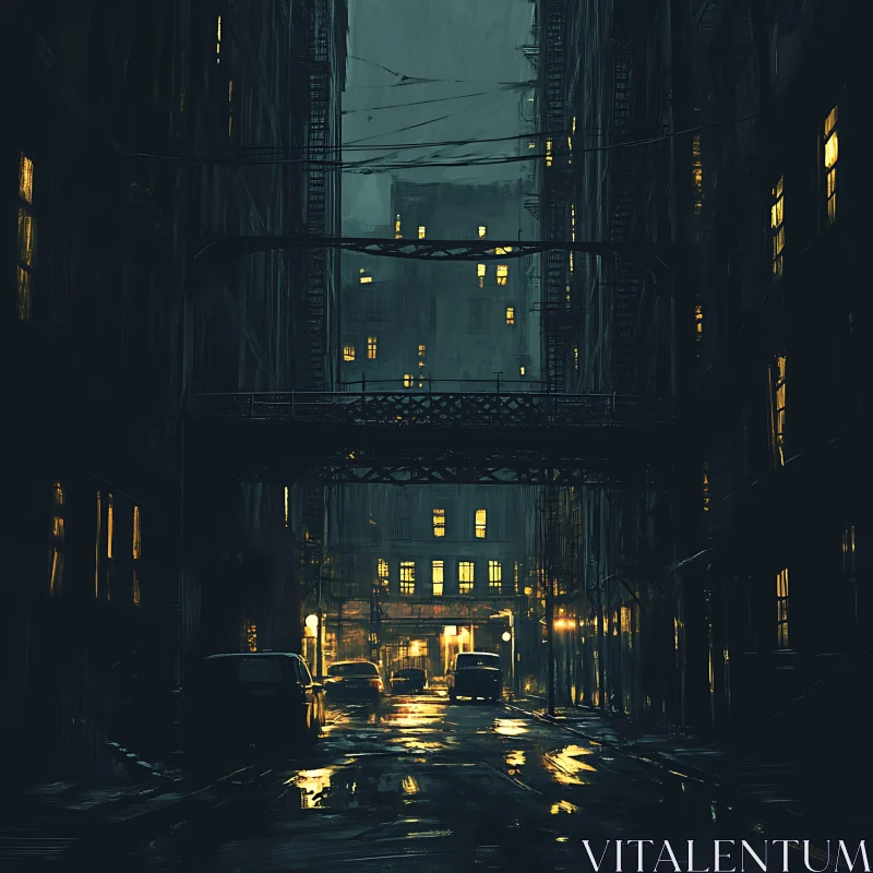 Nighttime Urban Alley with Glowing Lights AI Image