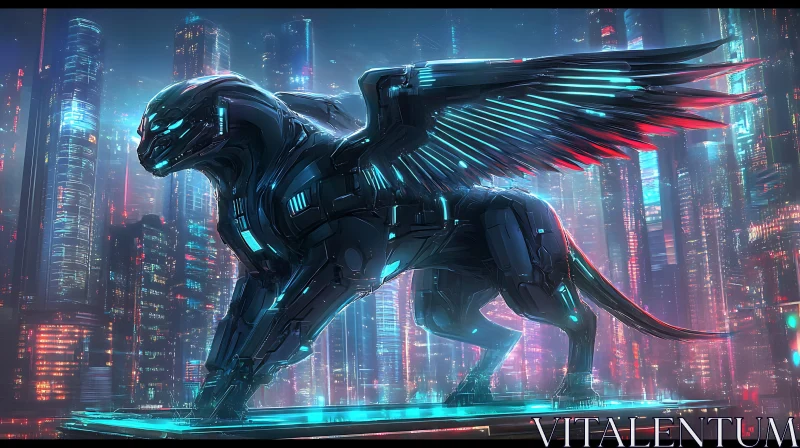 Futuristic Winged Panther in Neon Urban Landscape AI Image