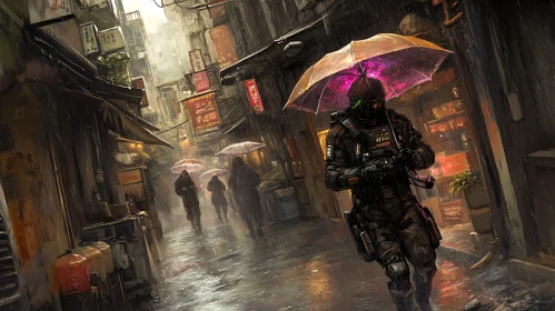 Futuristic Soldier in a Rainy Alley with Neon Umbrella