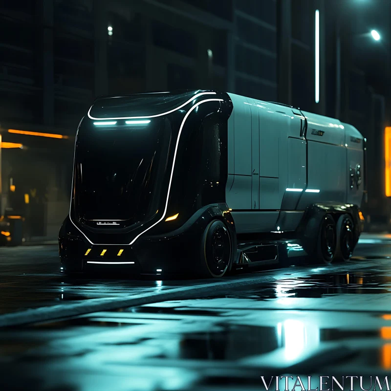 Cyberpunk-Style Vehicle on Wet Night Street AI Image