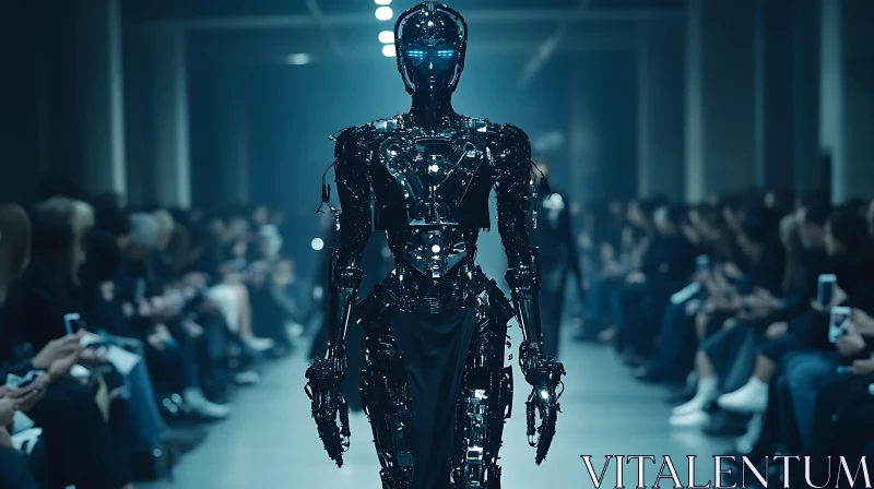 Sleek Black Cyborg Model Walking Down the Runway AI Image