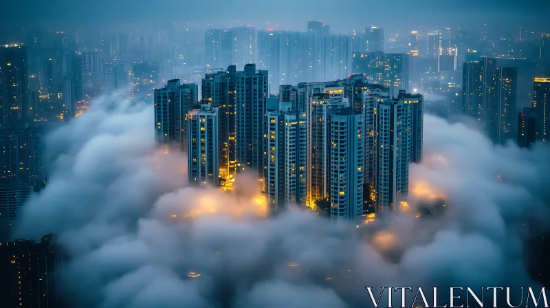 Misty Urban Skyline with Glowing Windows AI Image