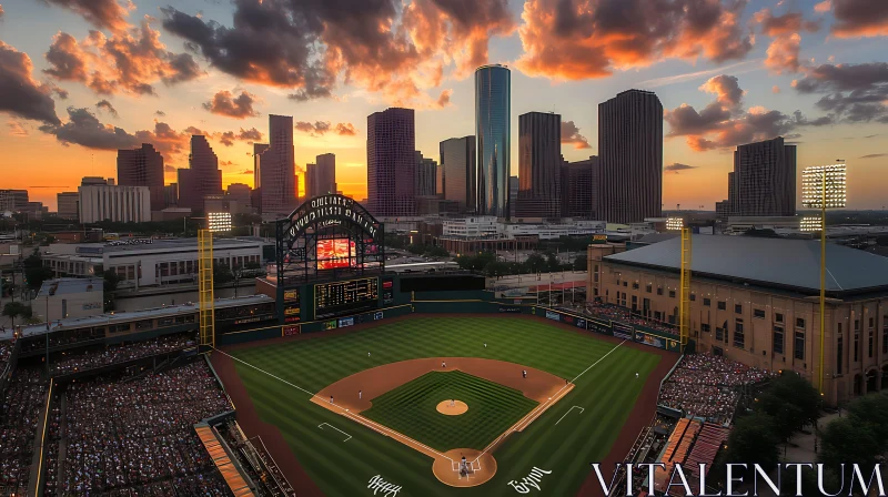 Sunset City Skyline Baseball Stadium View AI Image