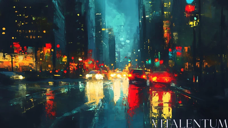 Urban Night Scene with Neon Lights and Rain AI Image