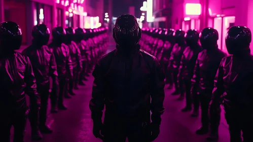 Neon-Lit Street with Uniformed Individuals