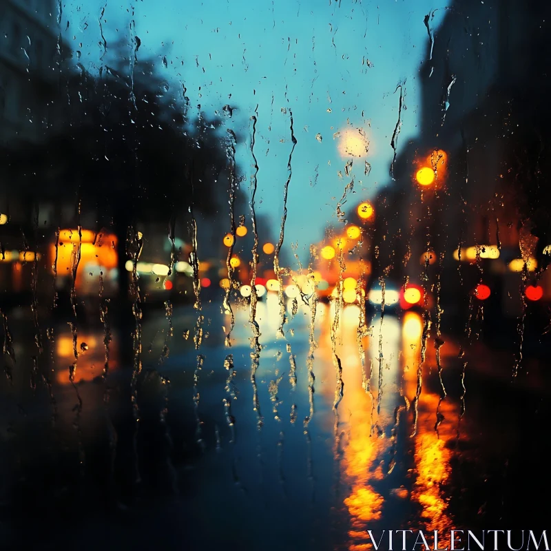 Urban Rain: City Lights and Reflections AI Image