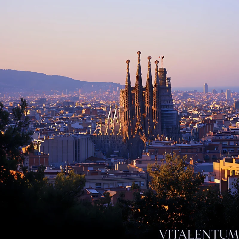 Golden Hour Over Historic Cathedral and City AI Image