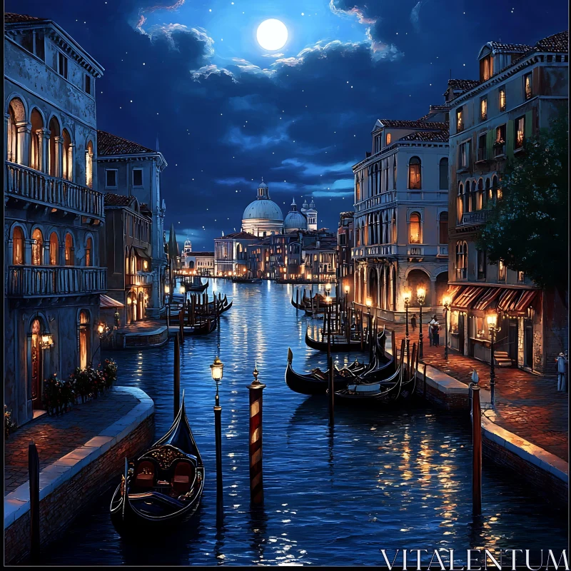 Venetian Nightscape with Moonlight and Gondolas AI Image