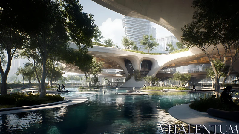 Modern Urban Oasis with Greenery and Water Elements AI Image