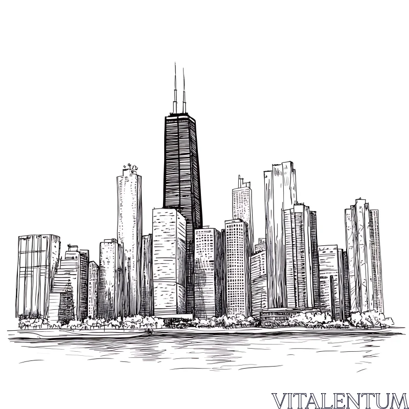 AI ART Cityscape Ink Drawing with Skyscrapers and Waterfront