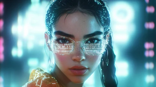 Young Woman in Cyberpunk Glasses with Neon Lights