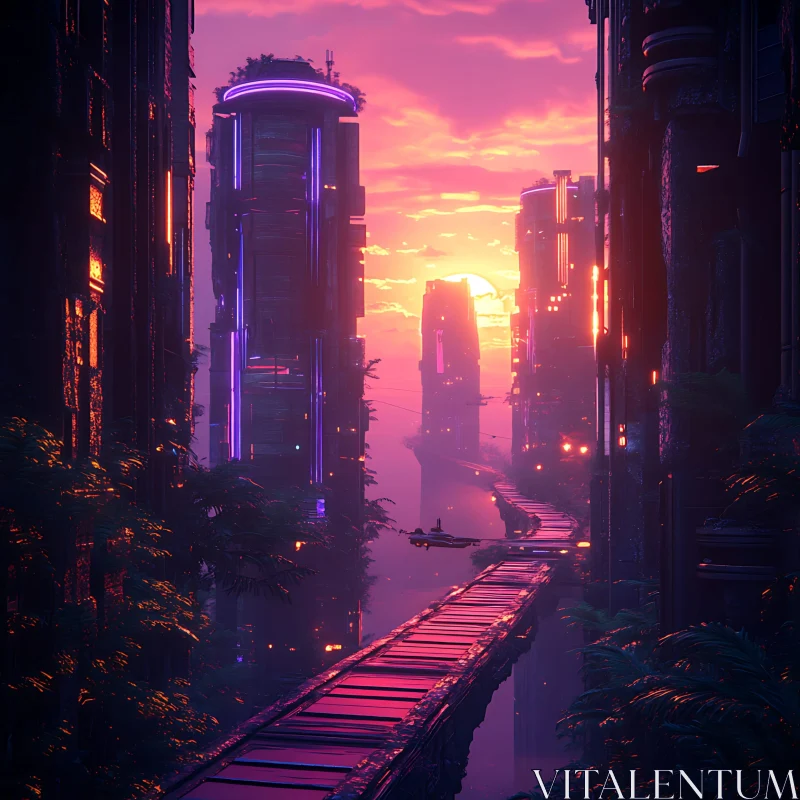 AI ART Sci-Fi Sunset Over a Neon-Lit City