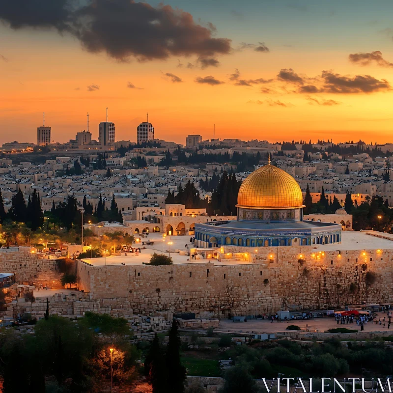 Jerusalem at Dusk with Glowing Dome of the Rock AI Image