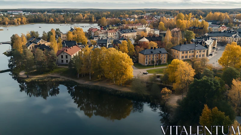 AI ART Peaceful Town Surrounded by Autumn Trees and Lake