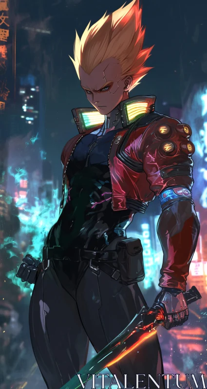 Neon Blade Cyberpunk Fighter in Futuristic City AI Image