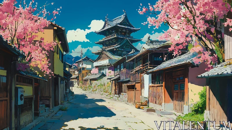 Traditional Japanese Architecture with Blossoming Trees AI Image