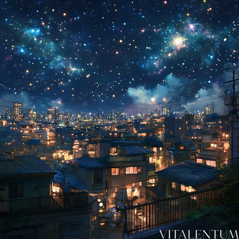 Starry Night Over a Beautifully Lit City AI Image