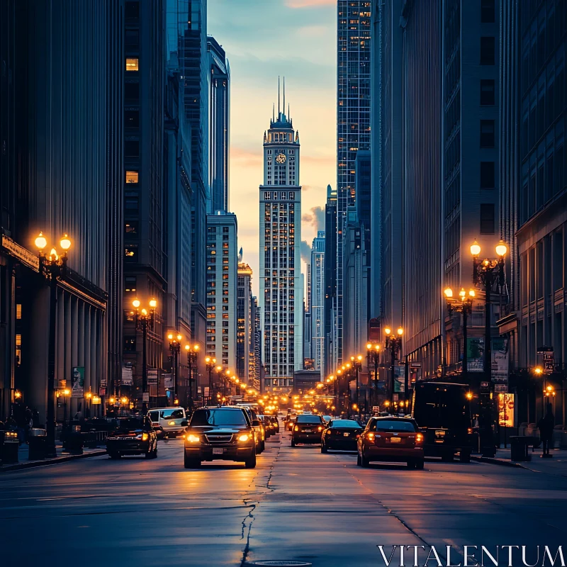 AI ART Dusk Cityscape with Illuminated Street and Skyscrapers