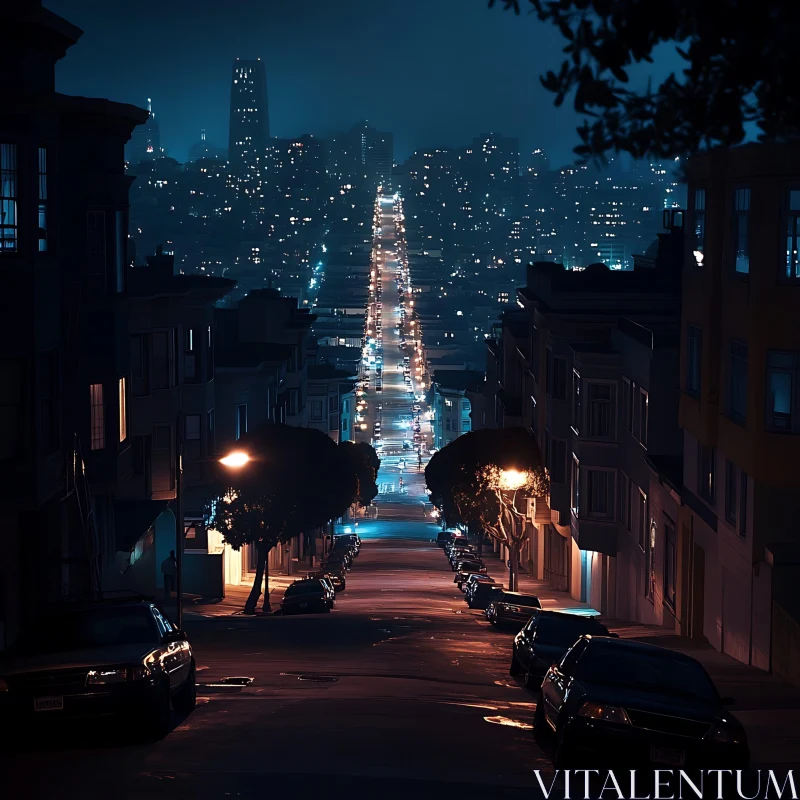 City Street at Night with Bright Streetlights AI Image