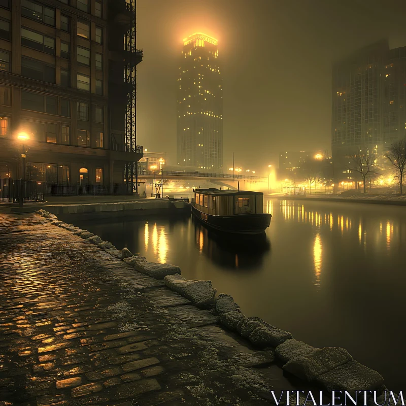 Mystic Urban Waterfront at Night AI Image