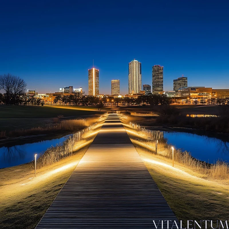 Night Skyline with Glowing Path and High-Rise Buildings AI Image