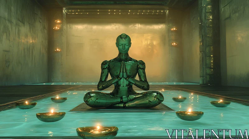 Cyborg Meditating in Tranquil Setting with Candles AI Image