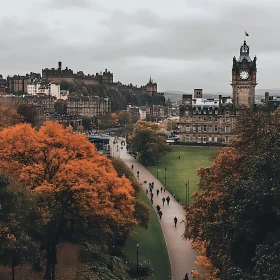 Urban Autumn Scene with Clock Tower and Castle